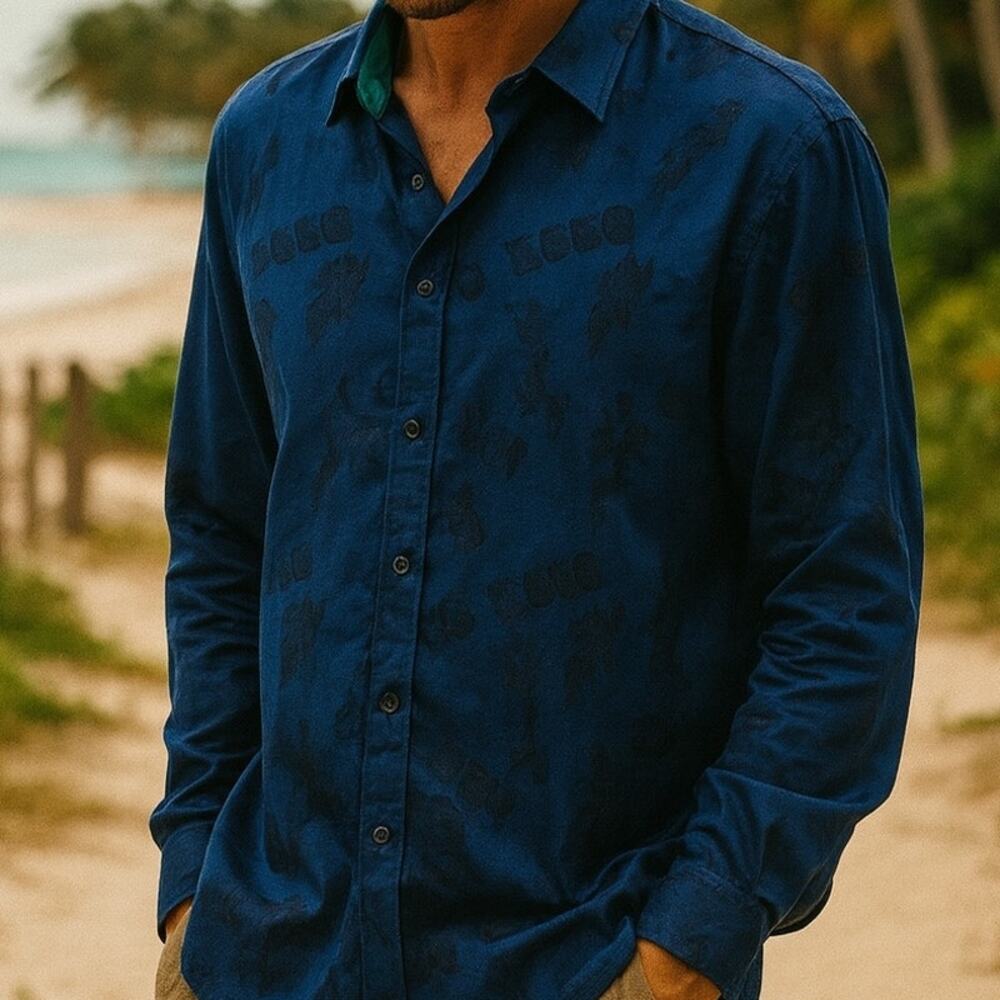 Robert Graham Blue Black Football Graphic Button Down Shirt XL